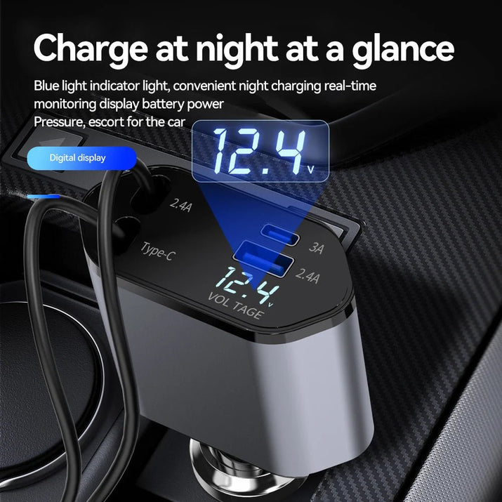 Chargeur de voiture à charge rapide rétractable, câble rétractable, 2 ports USB, adaptateur compatible, 4 en 1, 120W - AutoTech car shop