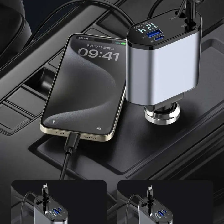 Chargeur de voiture à charge rapide rétractable, câble rétractable, 2 ports USB, adaptateur compatible, 4 en 1, 120W - AutoTech car shop
