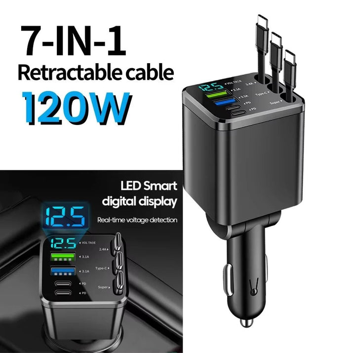 Chargeur de voiture rétractable 7 en 1, 120W, charge rapide, adaptateur d'alimentation USB type - c avec câble rétractable LED - AutoTech car shop