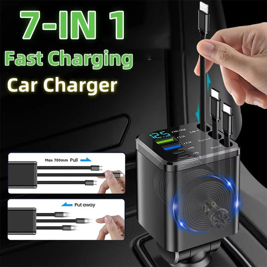 Chargeur de voiture rétractable 7 en 1, 120W, charge rapide, adaptateur d'alimentation USB type - c avec câble rétractable LED - AutoTech car shop