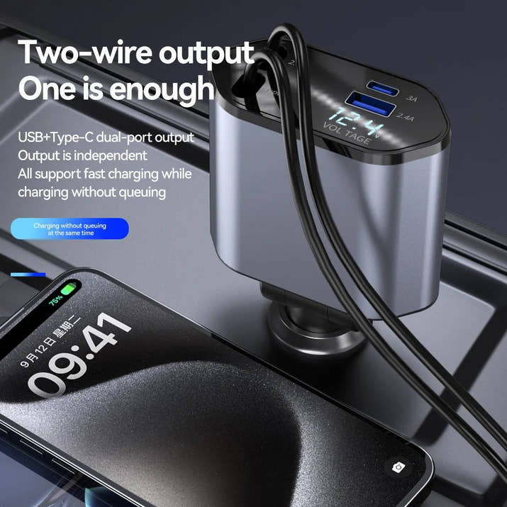 Chargeur de voiture à charge rapide rétractable, câble rétractable, 2 ports USB, adaptateur compatible, 4 en 1, 120W - AutoTech car shop