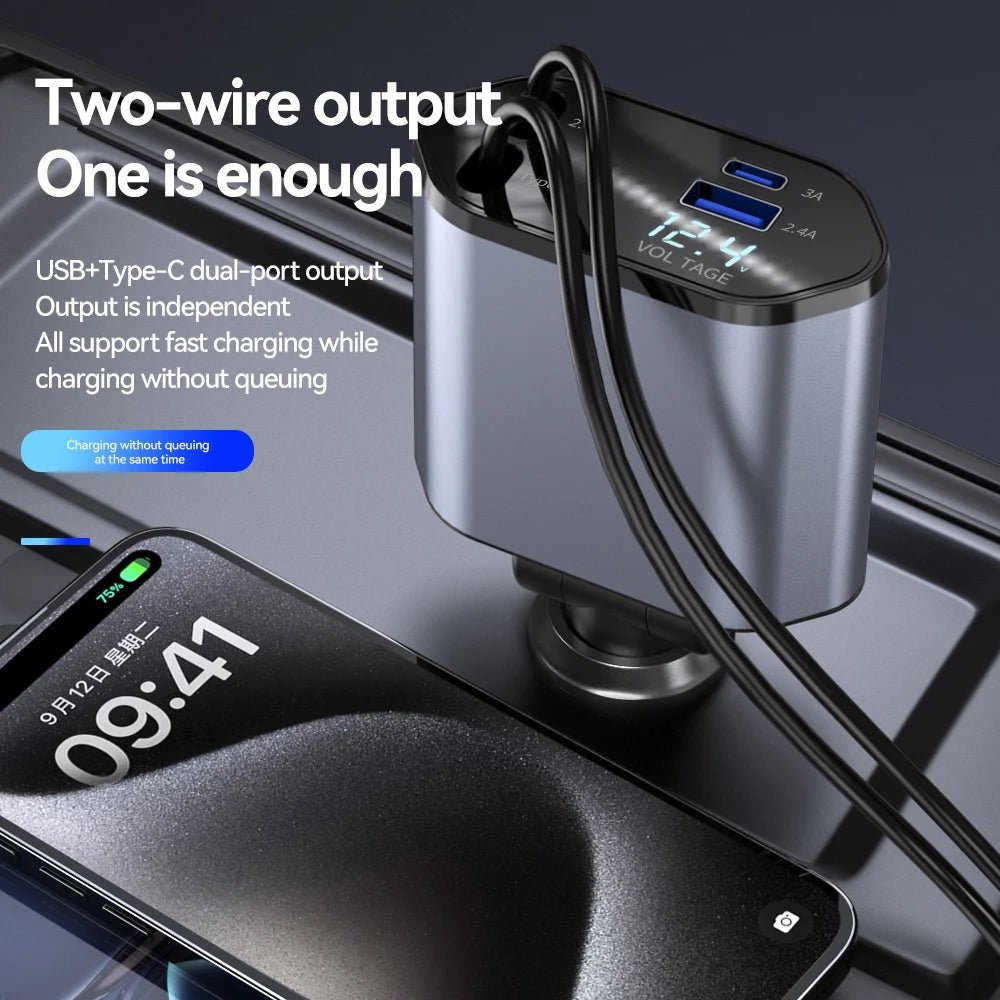 Chargeur de voiture à charge rapide rétractable, câble rétractable, 2 ports USB, adaptateur compatible, 4 en 1, 120W - AutoTech car shop