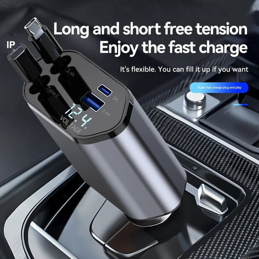 Chargeur de voiture à charge rapide rétractable, câble rétractable, 2 ports USB, adaptateur compatible, 4 en 1, 120W - AutoTech car shop